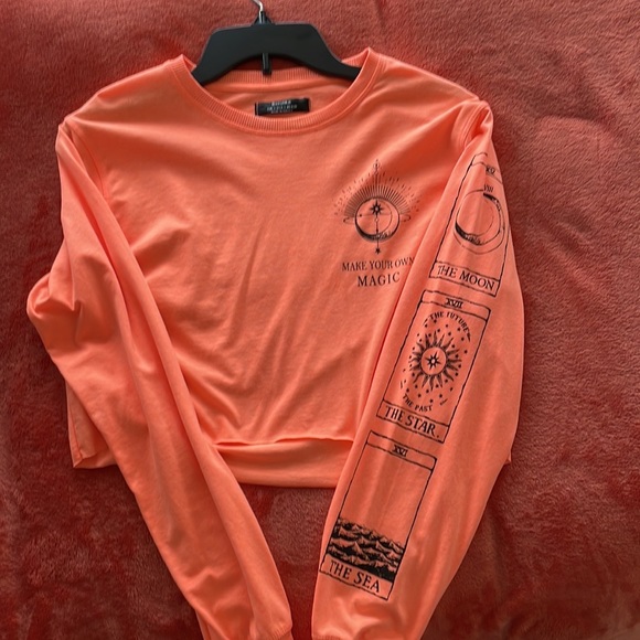 Bershka Neon Orange Long Sleeve Make Your Own Magic Crop Top - Picture 5 of 7
